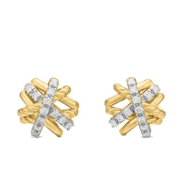 Crossover Stud Earrings In 18K Yellow Gold and Diamonds, 11mm