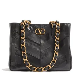 Laseine Small VLogo Black Leather Tote Bag