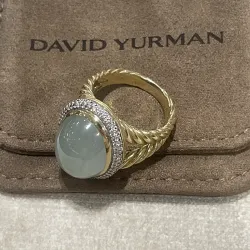 Albion Oval Ring In 18K With Chalcedony Aqua And Diamonds, Size 7