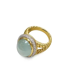 Albion Oval Ring In 18K With Chalcedony Aqua And Diamonds, Size 7
